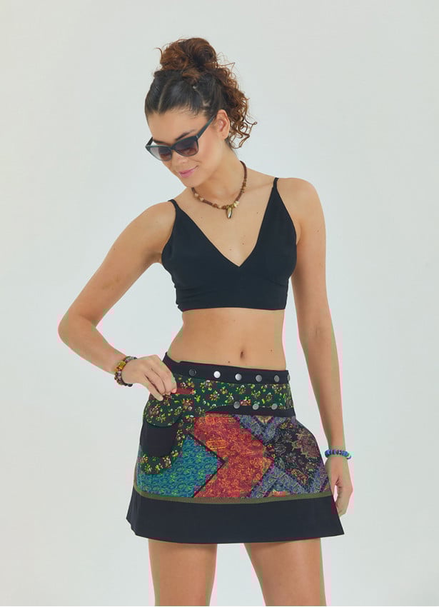 Snap Front Pocket Patchwork Wrapped Black Ethnic Skirt 4686
